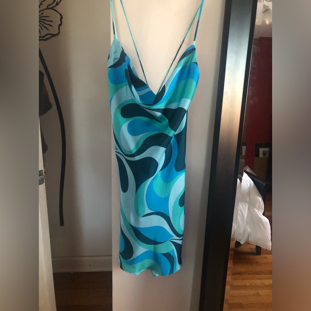 Zara blue multi satin slip dress